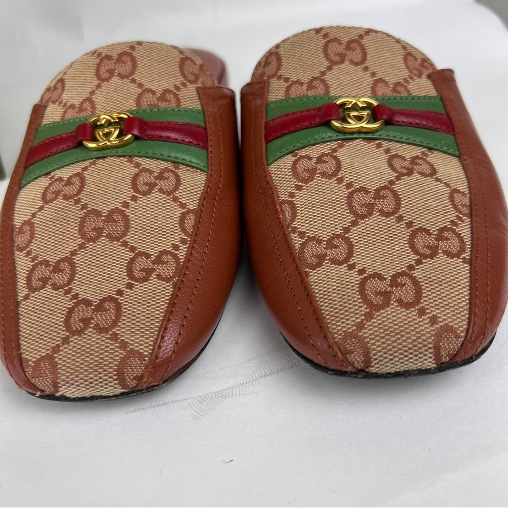 Gucci Brown GG Canvas and Leather Horsebit Mules with Red & Green Web - Picture 4 of 8